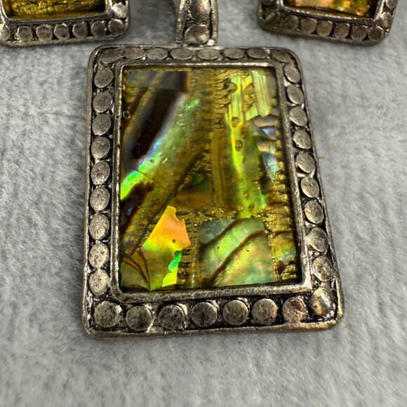 Vintage Silver Tone Pendant & Earrings Set Iridescent Abalone Shell Insets - Picture 3 of 16